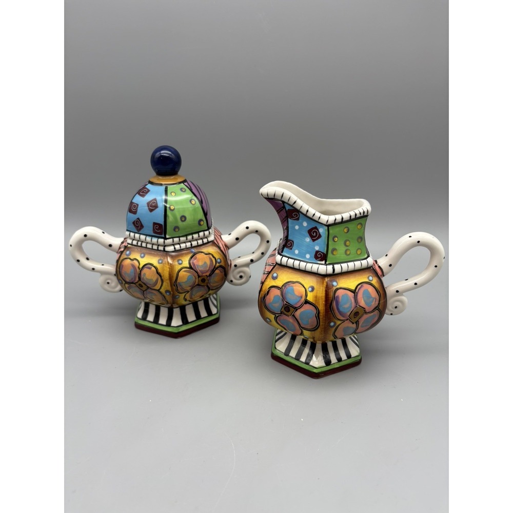 Studio Designworks Covered Sugar Bowl & Creamer Whimsical‎ Hand Painted Colorful